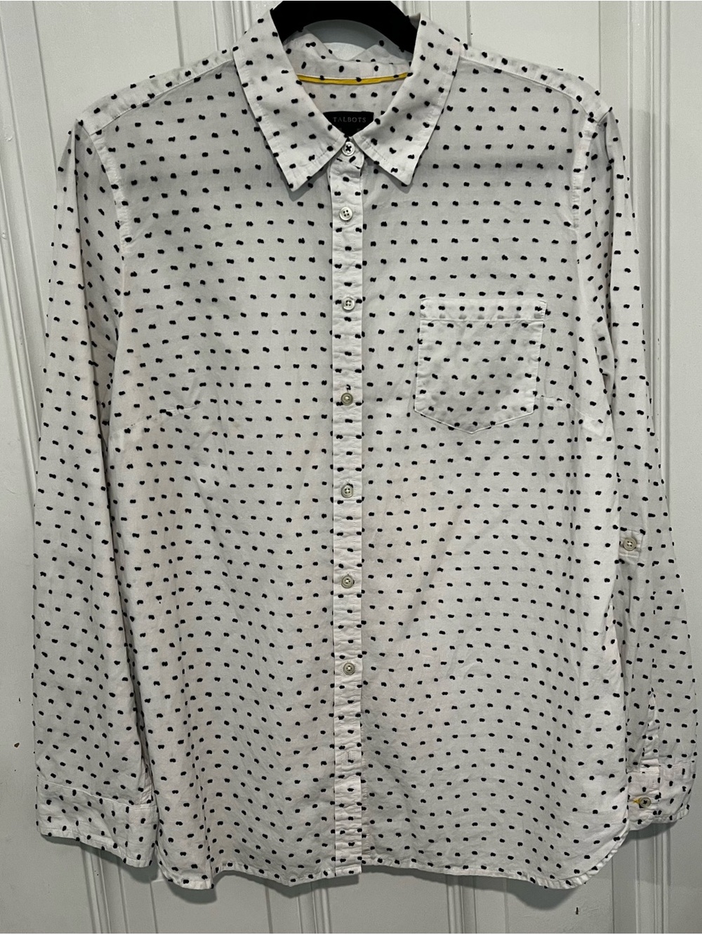 Talbots Button Down Shirt Womens Sz 16 White Black Embroidered Dot Long Sleeve